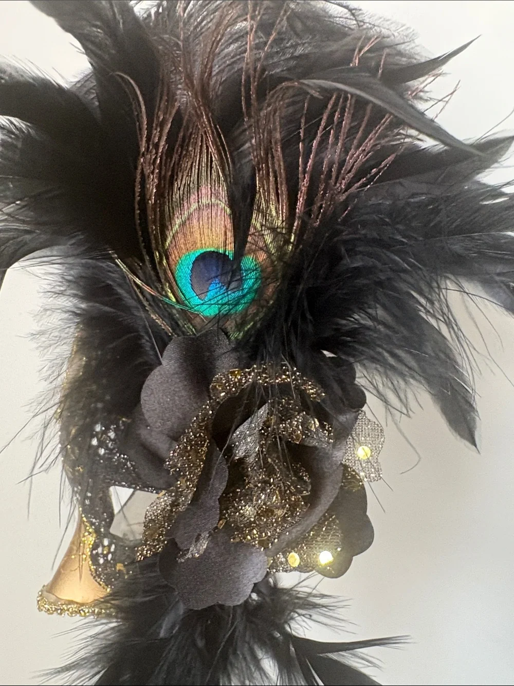 Gold and Black Feathered Venetian Handheld Mask